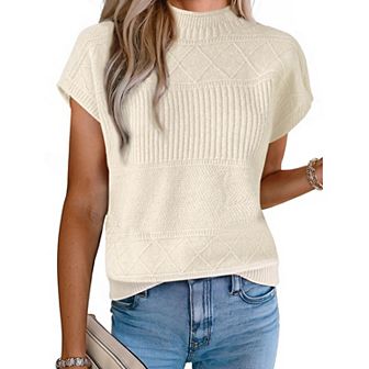 Women's Sleeveless Sweaters Vest Casual Mock Neck Cap Sleeve Knit Pullover Sweater Tops
