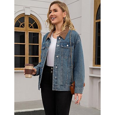 Women's Jean Jacket Button Down Corduroy Collar Long Sleeve Western Shacket Denim Jackets