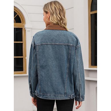 Women's Jean Jacket Button Down Corduroy Collar Long Sleeve Western Shacket Denim Jackets