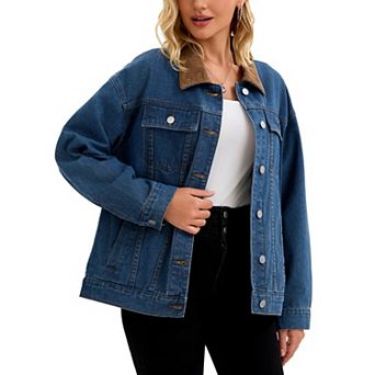 Women's Jean Jacket Button Down Corduroy Collar Long Sleeve Western Shacket Denim Jackets