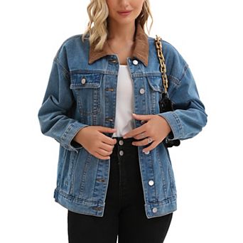 Women's Jean Jacket Button Down Corduroy Collar Long Sleeve Western Shacket Denim Jackets