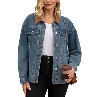 Women's Jean Jacket Button Down Corduroy Collar Long Sleeve Western Shacket Denim Jackets