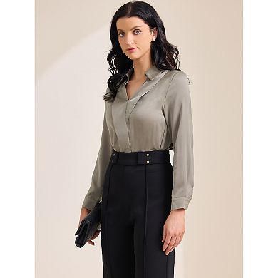 Women's Satin Work Blouse Collar V Neck Long Sleeve Office Dressy Shirt Top