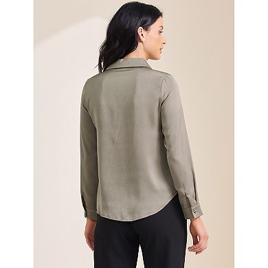 Women's Satin Work Blouse Collar V Neck Long Sleeve Office Dressy Shirt Top