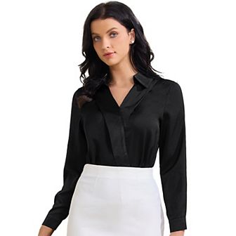 Women's Satin Work Blouse Collar V Neck Long Sleeve Office Dressy Shirt Top