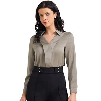 Women's Satin Work Blouse Collar V Neck Long Sleeve Office Dressy Shirt Top