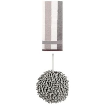 2 pc Soft Absorbent Fluffy Chenille Ball Hand Towels and Striped Hand Towels Set, 6"x6"&13"x29"