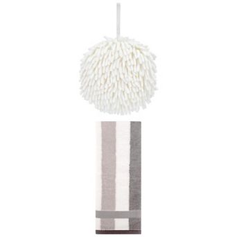 2 pc Soft Absorbent Fluffy Chenille Ball Hand Towels and Striped Hand Towels Set, 6"x6"&13"x29"