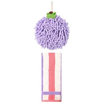 2 pc Soft Absorbent Fluffy Chenille Ball Hand Towels and Striped Hand Towels Set, 6"x6"&13"x29"