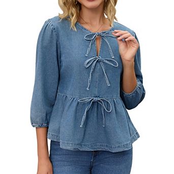 Women Denim Tops Tie Front Puffy Sleeve Ruffle Hem Peplum Blouse Jean Shirts