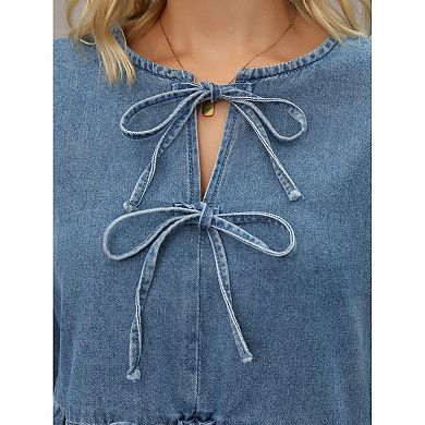 Women Denim Tops Tie Front Puffy Sleeve Ruffle Hem Peplum Blouse Jean Shirts