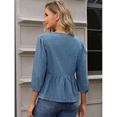 Women Denim Tops Tie Front Puffy Sleeve Ruffle Hem Peplum Blouse Jean Shirts