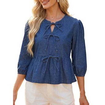 Women Denim Tops Tie Front Puffy Sleeve Ruffle Hem Peplum Blouse Jean Shirts
