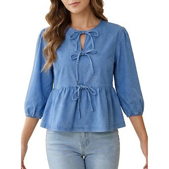 Women Denim Tops Tie Front Puffy Sleeve Ruffle Hem Peplum Blouse Jean Shirts