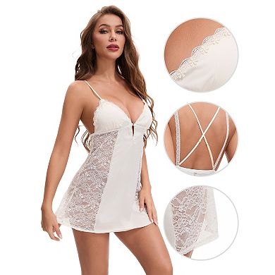 Women's Lace Mesh Deep V Spaghetti Strap Cami Chemise with Bulit in Bra Plunge Full Slips