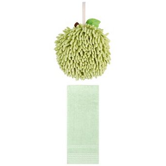 2 pc Striped Hand Towels and Soft Absorbent Fluffy Chenille Ball Hand Towels Set 14"x30"&6"x6"