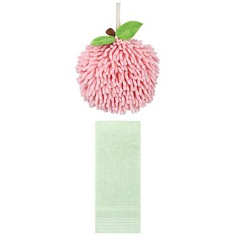 2 pc Striped Hand Towels and Soft Absorbent Fluffy Chenille Ball Hand Towels Set 14"x30"&6"x6"