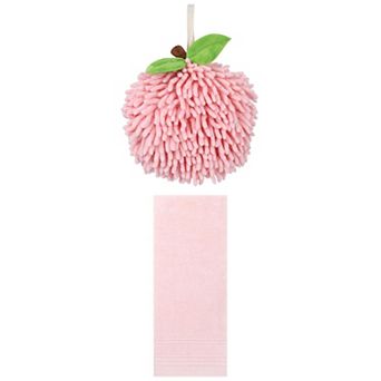 2 pc Striped Hand Towels and Soft Absorbent Fluffy Chenille Ball Hand Towels Set 14"x30"&6"x6"