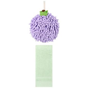 2 pc Striped Hand Towels and Soft Absorbent Fluffy Chenille Ball Hand Towels Set 14"x30"&6"x6"