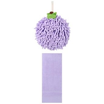 2 pc Striped Hand Towels and Soft Absorbent Fluffy Chenille Ball Hand Towels Set 14"x30"&6"x6"