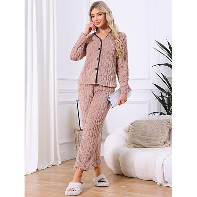 Women's Flannel Pajama Set Long Sleeve Button Down V Neck Fuzzy Fleece Pants Plush Loungewear