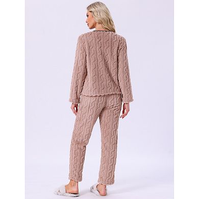 Women's Flannel Pajama Set Long Sleeve Button Down V Neck Fuzzy Fleece Pants Plush Loungewear