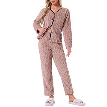 Women's Flannel Pajama Set Long Sleeve Button Down V Neck Fuzzy Fleece Pants Plush Loungewear
