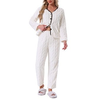 Women's Flannel Pajama Set Long Sleeve Button Down V Neck Fuzzy Fleece Pants Plush Loungewear
