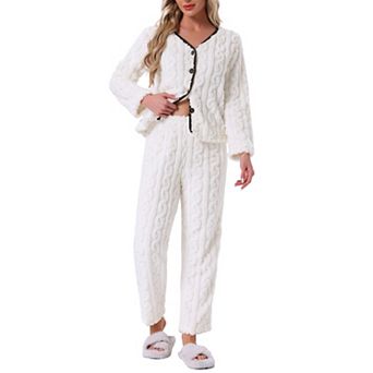 Women's Flannel Pajama Set Long Sleeve Button Down V Neck Fuzzy Fleece Pants Plush Loungewear