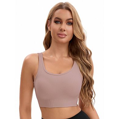 Women's Open Back Workout Tank with Built-In Bras Constrast Color Crop Sports Vest