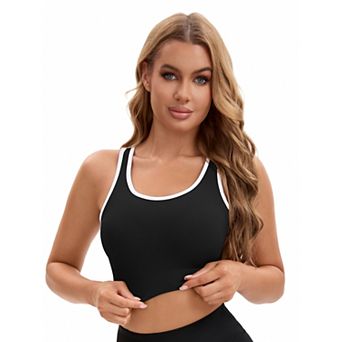 Women's Open Back Workout Tank with Built-In Bras Constrast Color Crop Sports Vest