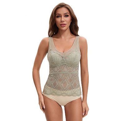 Women's Lace Mesh V-Back Wide Strap Fixed Cup Tank Top Longline Light and Breathable Camisoles