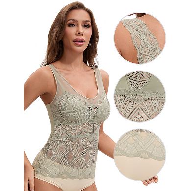Women's Lace Mesh V-Back Wide Strap Fixed Cup Tank Top Longline Light and Breathable Camisoles