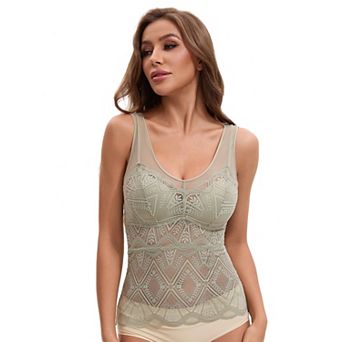 Women's Lace Mesh V-Back Wide Strap Fixed Cup Tank Top Longline Light and Breathable Camisoles