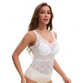 Women's Lace Mesh V-Back Wide Strap Fixed Cup Tank Top Longline Light and Breathable Camisoles