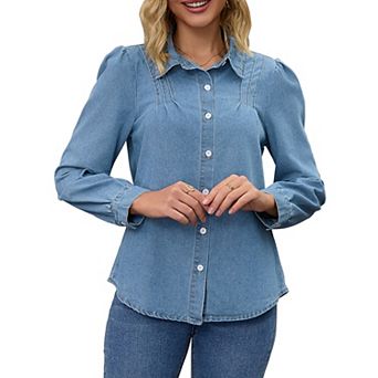 Women Denim Tops Pleated Front Puffy Long Sleeve Lightweight Button Down Jean Shirts