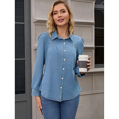 Women Denim Tops Pleated Front Puffy Long Sleeve Lightweight Button Down Jean Shirts
