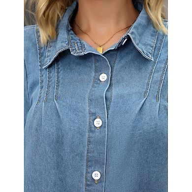 Women Denim Tops Pleated Front Puffy Long Sleeve Lightweight Button Down Jean Shirts