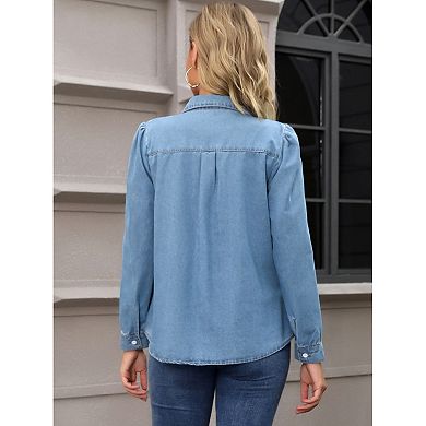Women Denim Tops Pleated Front Puffy Long Sleeve Lightweight Button Down Jean Shirts