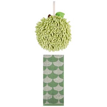 2 pc Soft Fluffy Chenille Ball Hand Towel and Geometric Absorbent Hand Towel Set, 6"x6"&13"x29"