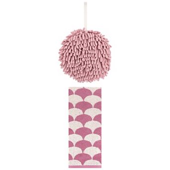 2 pc Soft Fluffy Chenille Ball Hand Towel and Geometric Absorbent Hand Towel Set, 6"x6"&13"x29"