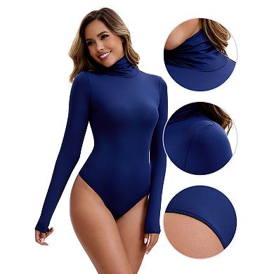 Women's High Neck Long Sleeve Tops Slim Fit Bodysuit Jumpsuit