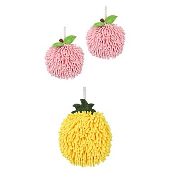 3 pc Soft Absorbent Fluffy Chenille Ball Hand Towel, Fuzzy Decorative Towel Set with Wall Hook 6"x6"