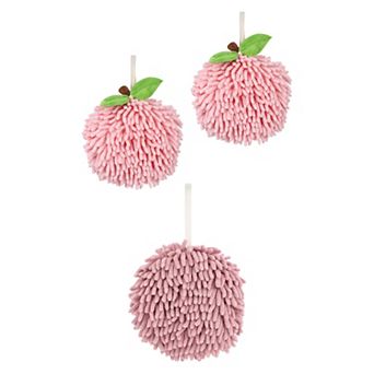 3 pc Soft Absorbent Fluffy Chenille Ball Hand Towel, Fuzzy Decorative Towel Set with Wall Hook 6"x6"