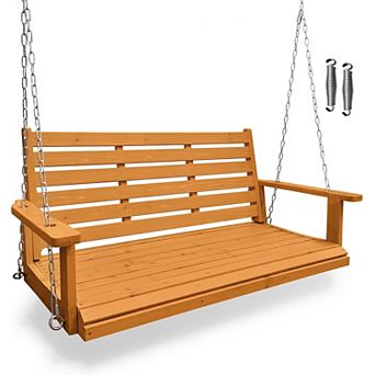 Wooden Porch Swing, Ergonomic Seat, Bench Swing with Hanging Chains and Springs, Heavy Duty 880 LBS