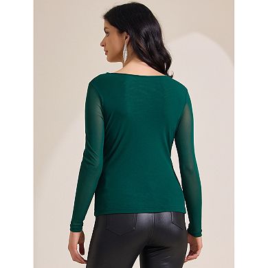 Women's Semi Sheer Long Sleeve Ruched V Neck Sequin Panel Casual Party Shirt Top