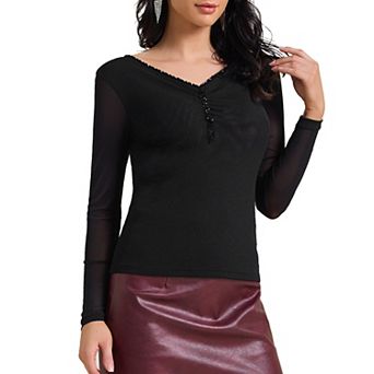 Women's Semi Sheer Long Sleeve Ruched V Neck Sequin Panel Casual Party Shirt Top