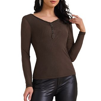 Women's Semi Sheer Long Sleeve Ruched V Neck Sequin Panel Casual Party Shirt Top