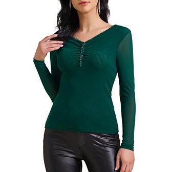 Women's Semi Sheer Long Sleeve Ruched V Neck Sequin Panel Casual Party Shirt Top