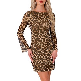 Leopard Print Dress for Women's Mesh Long Bell Sleeve Short Dresses